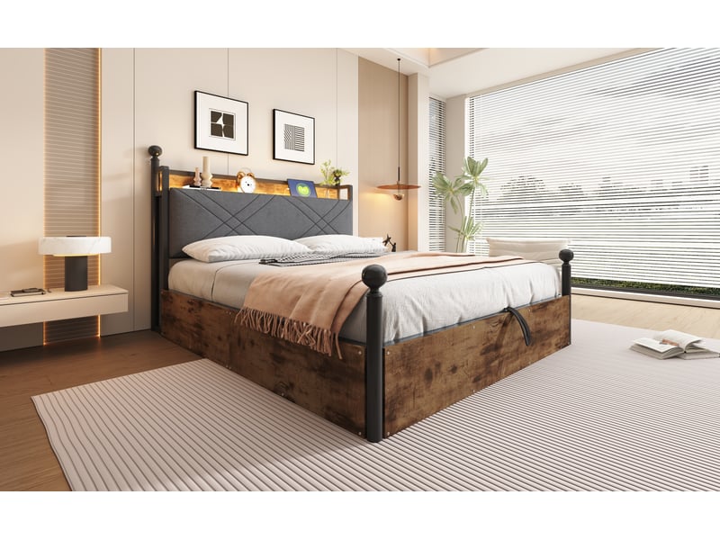  Lit coffre 140x190 cm - lit double coffre avec led intégrée et espace de rangement hydraulique, ports usbtype-c, métal noir, sans matelas  - Conforama D