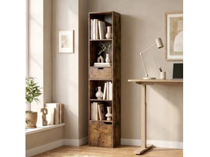Bibliothèque 30x24x158 cm 6 niveaux avec tiroir et porte panneau de particules marron rustique