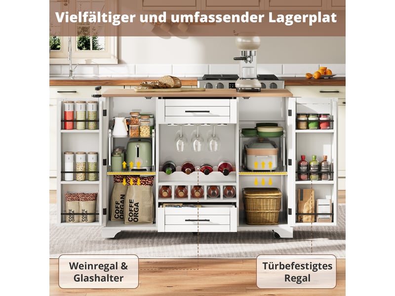  Îlot de cuisine blanc et naturel 120 × 4570 × 92 cm en mdf, plateau rabattable, casier à vin, porte-verres et range-épices  - Conforama D