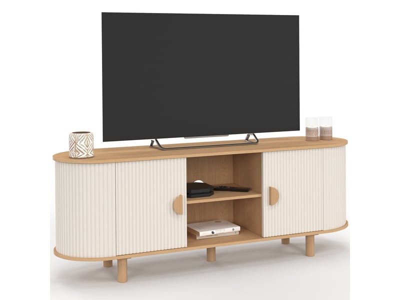 Meuble tv 140 cm kanel 2 portes effet cannelé beige et bois  - Conforama A
