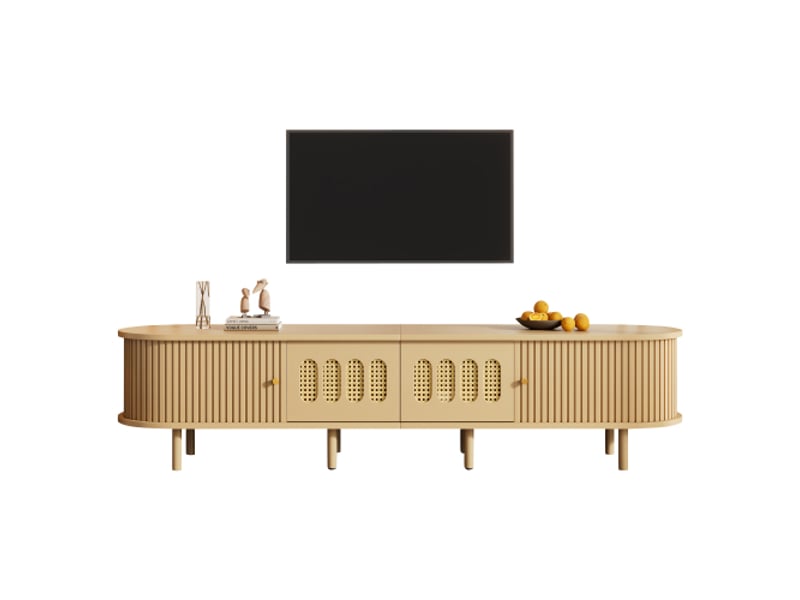  Meuble tv 180cm, lowboard en bois clair et rotin, meuble de salon avec portes coulissantes pour téléviseur jusqu'à 75 pouces  - Conforama A