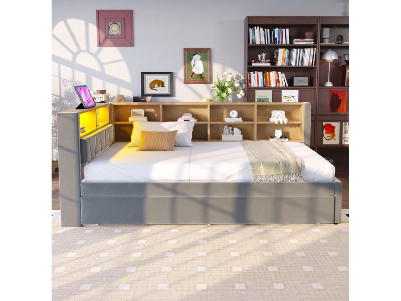 Lit enfant gigogne 90 x 200 cm + 90 x 190 cm led usb-c et prise secteur multiple flanelle gris foncé sans matelas - Conforama B