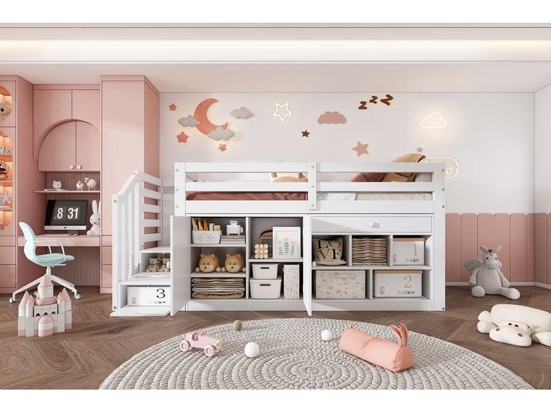  Lit enfant 90x200 cm avec sommier à lattes, structure bois massif blanc et rangement  - Conforama W