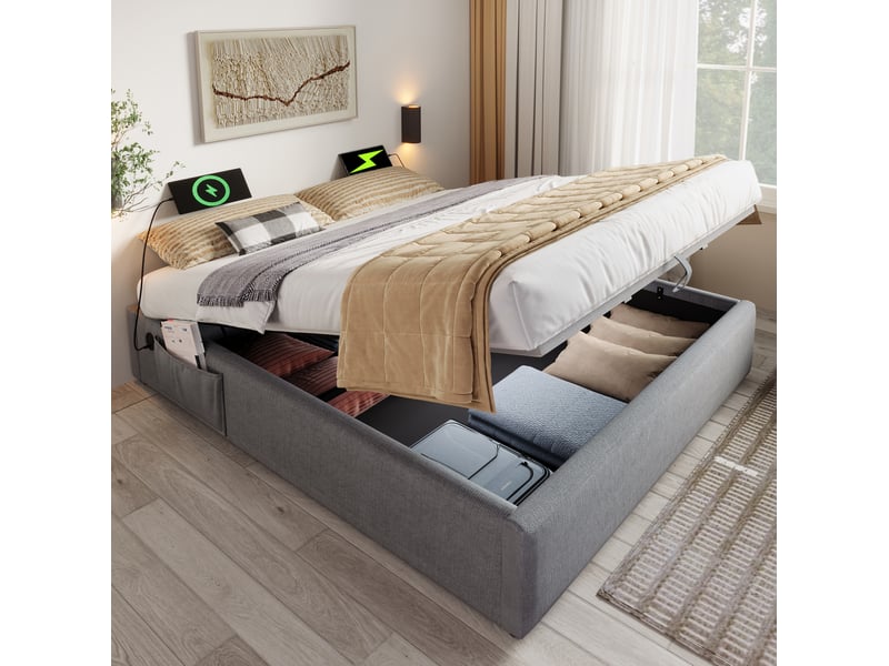  Lit coffre double 140x200 cm gris, sans tête de lit, avec ports usb et type-c intégrés  - Conforama E