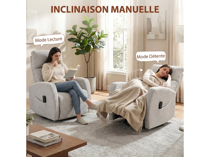  Fauteuil inclinable de massage en chenille pivotant crème 163x73,5x86 cm  - Conforama E