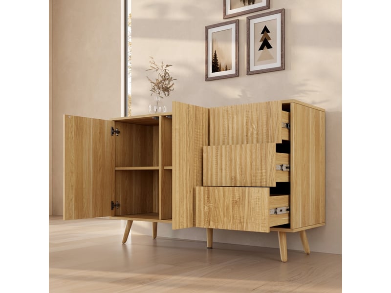  Buffet de salon bas 2 portes 3 tiroirs cannelé | meuble de rangement à rainures | console d'entrée | 120x40x76cm | modèle renzo l | couleur chêne alba Renzo L - Conforama E