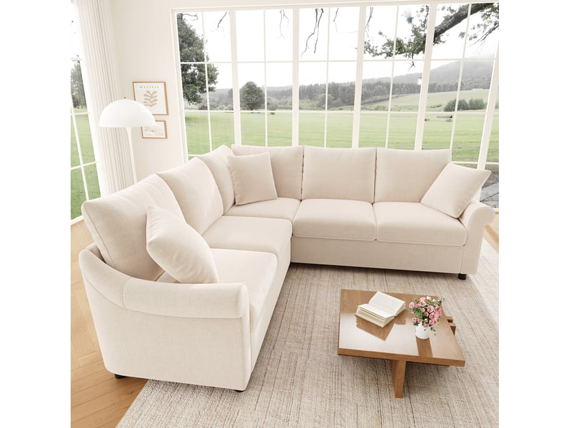  Canapé d’angle 5 places 217x217x83 cm en chenille beige  - Conforama D