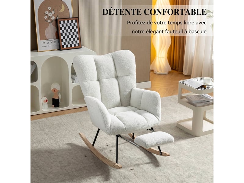  Chaise berçante tissu teddy fauteuil à bascule blanc avec repose-pieds escamotable 80x98x98.5cm  - Conforama D
