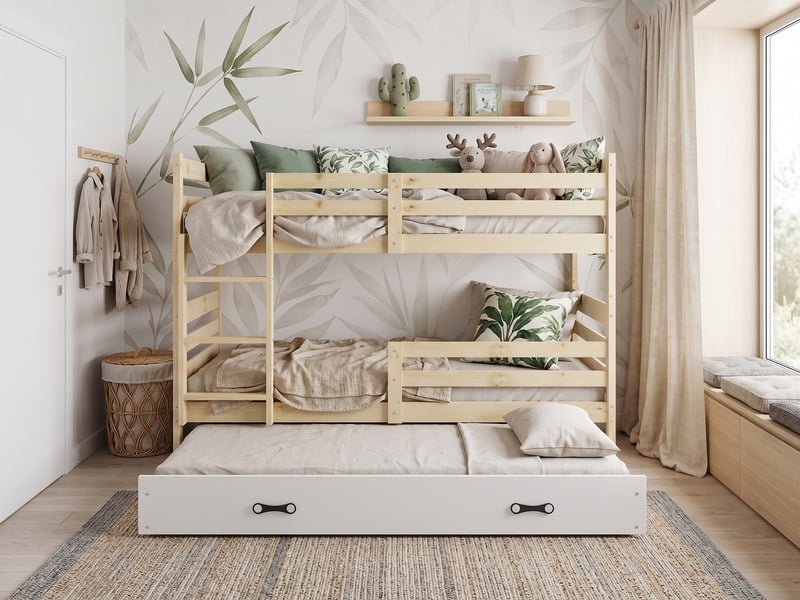  Lit superposé 3 places eric 90x200 cm + lit tiroir 80x190 cm interbeds - bois massif de pin - pin naturel  - Conforama E