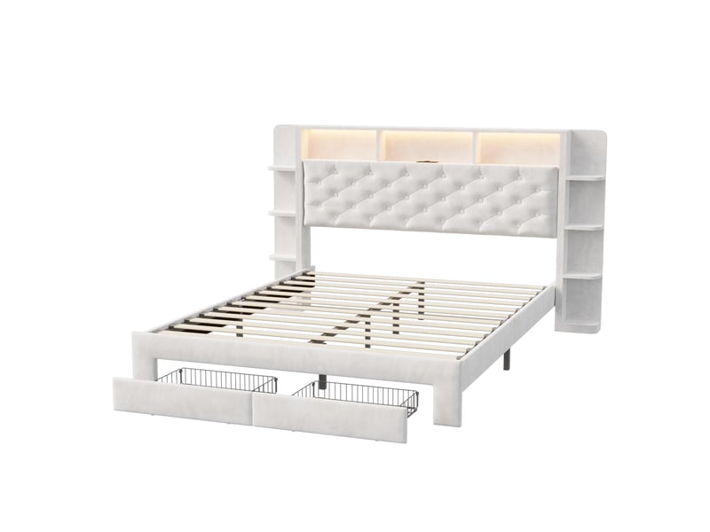 Lit 160 x 200,lit adulte led ,2 tiroirs ,usb, lit double capitonné 160 x 200 avec tête de lit de rangement ,velours blanc - Conforama A