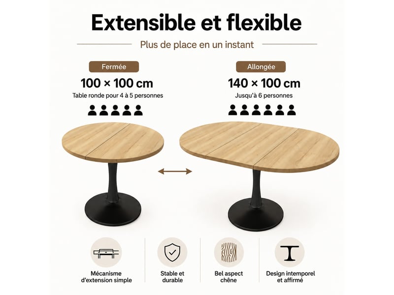 Table à manger extensible ovale 100–140 x 100 x 75 cm, avec plateau extensible, bords arrondis, style moderne, chêne - Conforama E