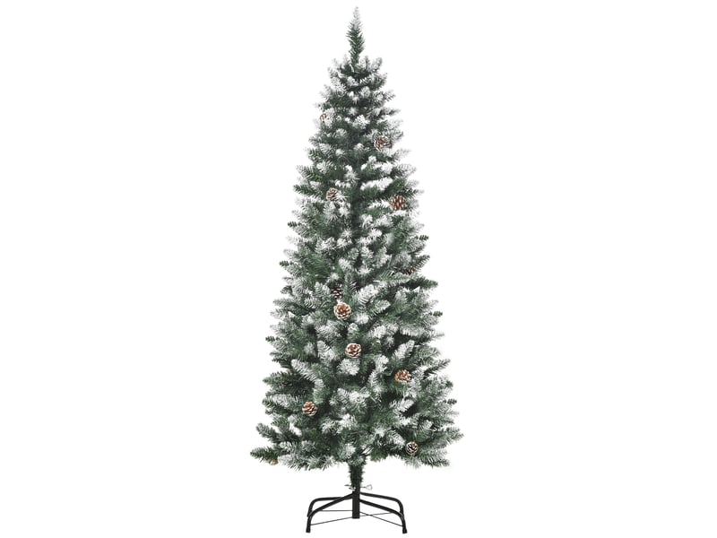  Sapin de noël vert et blanc effet enneigé de 150 cm avec 464 pointes et 28 pommes de pin (plastique et métal)  - Conforama B