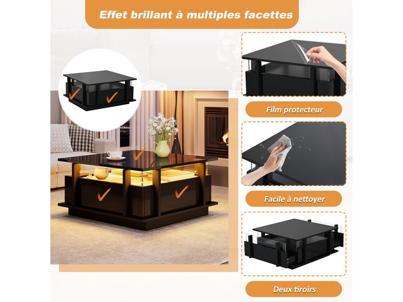  Table basse noire brillante avec 2 tiroirs et led, 70 x 70 x 35 cm  - Conforama R