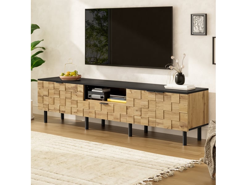  Meuble tv modenvie 170 x 35 x 44,5 cm 2 portes tiroir niche ouverte décor bois naturel et noir  - Conforama B