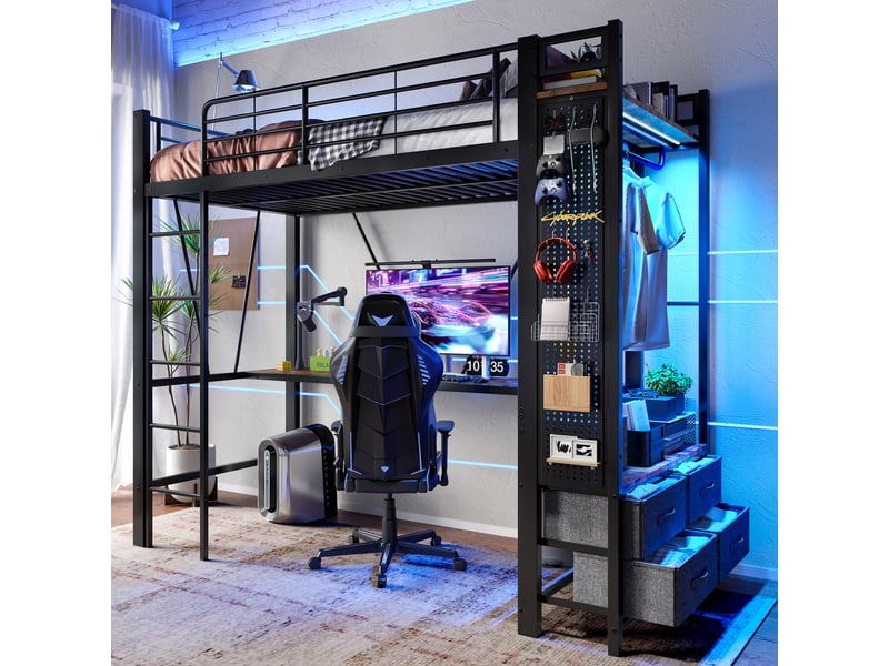  Lit mezzanine 90x200cm coloris noir led métal lit enfant noir - Conforama D