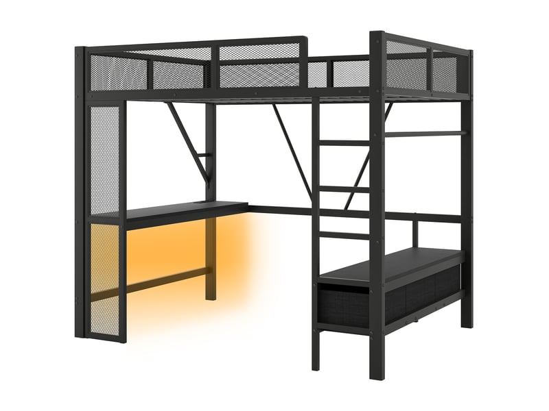  Lit mezzanine 140x200 cm noir, avec bureau, 3 tiroirs, penderie, led, usb, structure métal, sommier inclus, sans matelas  - Conforama E