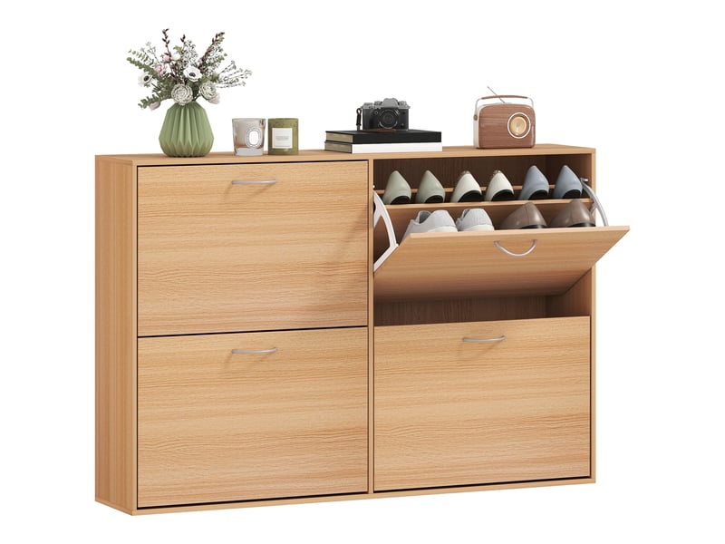  Meuble à chaussures étroit à 4 portes et étagères réglables pour 16 à 24 paires de chaussures, 120 x 24 x 81 cm, naturel  - Conforama A