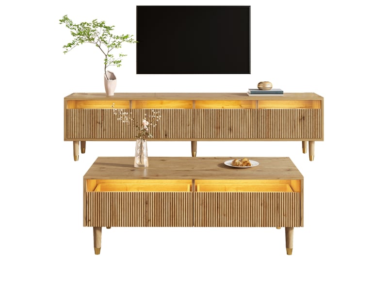  Ensemble meuble tv 4 portes 178x35x45 cm et table basse 2 tiroirs 110x50x40 cm, led, mdf, bois et doré  - Conforama A