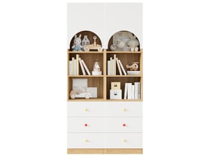 Lot de 2 bibliothèques blanc et bois en mdf, 100x50x200 cm ensemble, 3 tiroirs chacune, poignées céramique