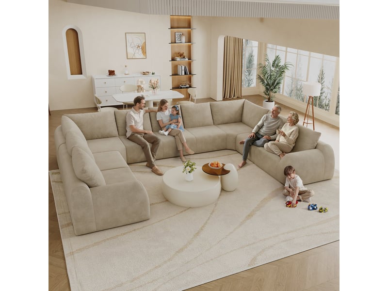 Canapé d’angle 9 places en forme u, canapé à compression de mousse, sans montage, chenille, kaki, 411x267x85 cm - Conforama E