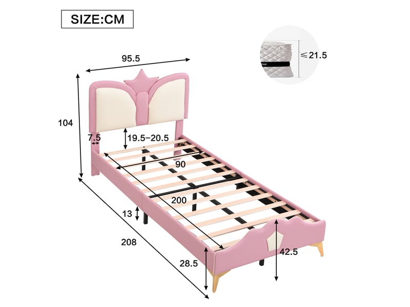  Lit enfant simple princesse 90x200 cm tête couronne bords mousse pieds dorés pu rose et blanc sans matelas  - Conforama C