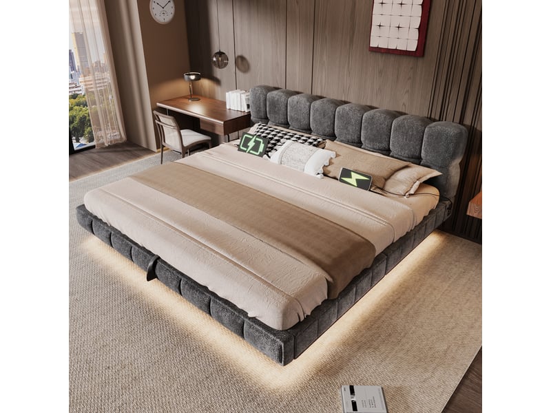 Lit coffre hydraulique 160x200 cm avec led, usb-c, tête de lit capitonnée design nuage, lit double en chenille avec rangement - gris - Conforama B
