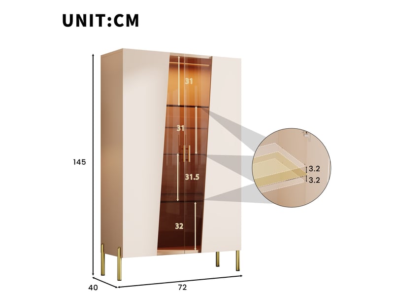 Vitrine led, porte en verre asymétrique, 3 étagères réglables et pieds métal, pour séjour 72 × 40 × 145 cm - Conforama C