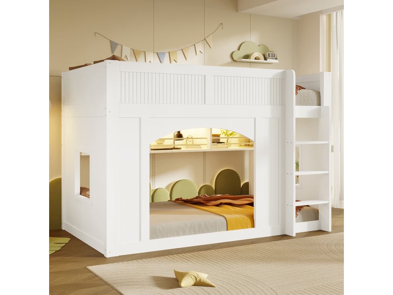  Lit mezzanine enfant 90x200cm style cabane avec bibliothèque, led multicolore, fenêtres et espace de jeu, mdf et pin - blanc  - Conforama B