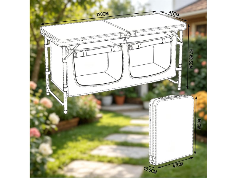  Table de camping pliante 120x47 cm – gris et blanc – hauteur réglable avec sac de rangement suspendu  - Conforama C