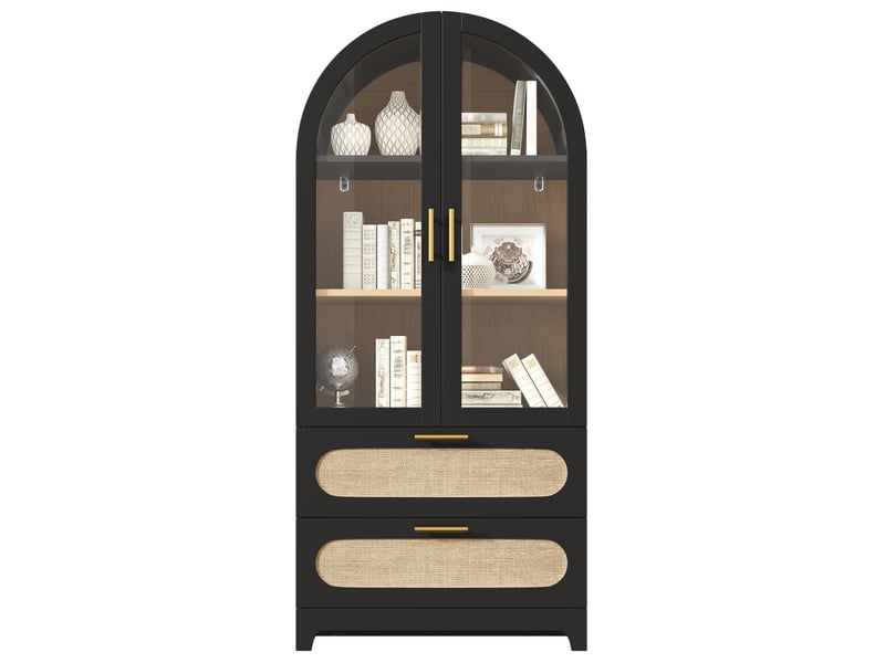  Vitrine 175x80x40 cm avec portes vitrées, 2 tiroirs en rotin, étagères réglables, meuble bibliothèque rétro en mdf noir  - Conforama A
