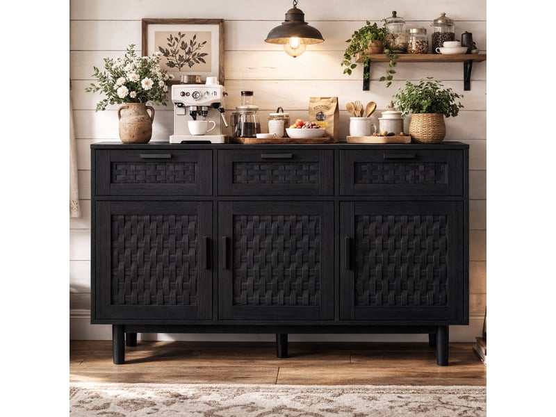  Commode 3 tiroirs et 3 porte, meuble de rangement avec conception anti-basculement et cadre en bois, commode en rotin buffet, 115x40x80 cm, noir  - Conforama C