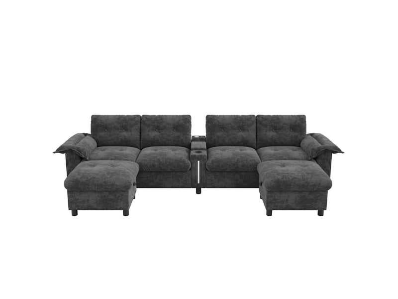  Canapé panoramique modulable 6 places avec rangements, usb, type c et led en chenille gris 312 × 142 × 82 cm  - Conforama A