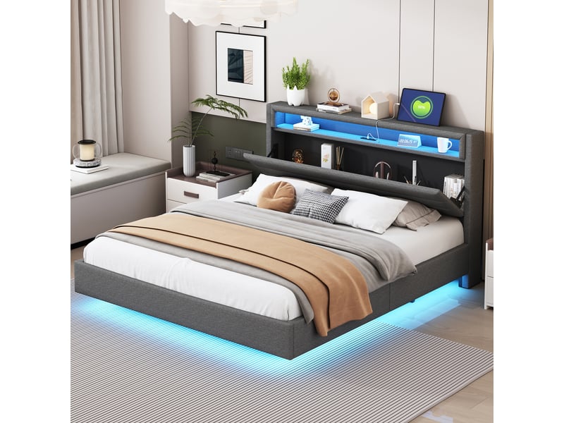 Lit double 160x200 cm - lit pour ado rembourré avec led et usb, tête de lit réversible lin gris - Conforama B