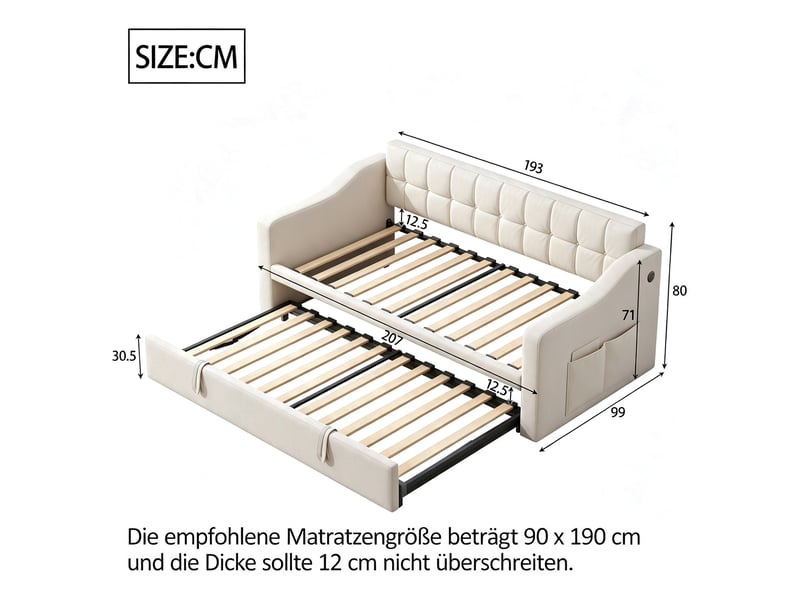  Lit canapé capitonné 2 en 1 90*180*190, beige, velours, avec prise et poche de rangement, multifonctionnel  - Conforama B