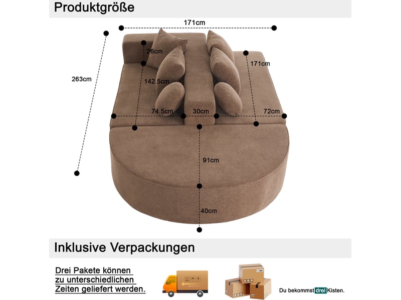  Canapé modulaire 263x171x66 cm, sans montage, avec coussins et accoudoirs, mousse, tissu chenille, marron  - Conforama C