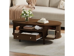 Table basse ovale avec tiroir et porte roulante, table salon 100x50x36 cm en mdf décor noyer