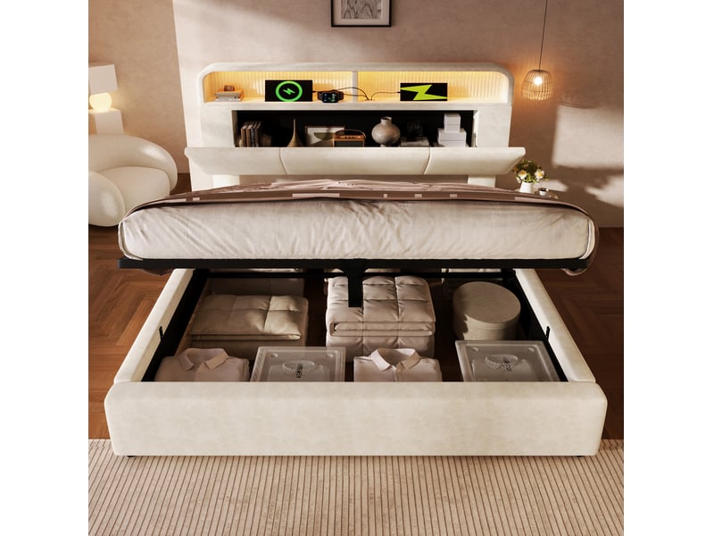  Lit double 140 x 200 cm beige en velours avec rangement hydraulique, led, chargeur usbtype-c et matelas  - Conforama D