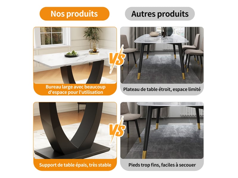  Table à manger 140x75x75,5cm, table rectangulaire, motif de marbre, pied réglable en métal, style design,mdf, blanc+noir  - Conforama E