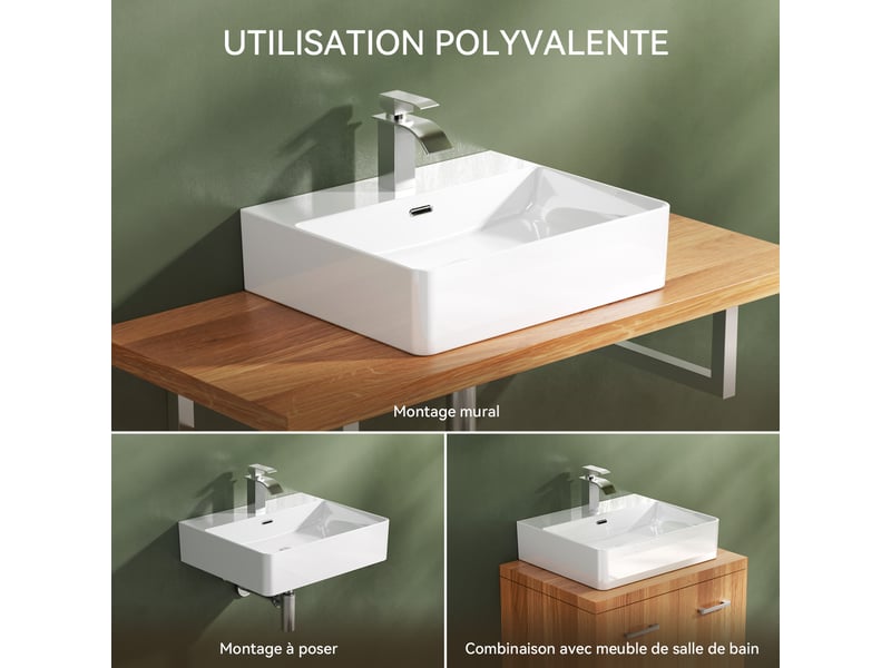 Cecipa max lavabo 50 x 42 cm - lavabo rectangulaire en céramique - avec bonde pop-up - espace de pose - pour pose sur plan et fixation murale - blanc - Conforama C