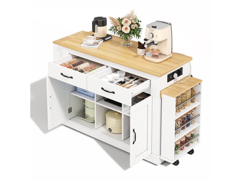 Îlot de cuisine extensible avec double plan de travail, longueur maximale 340 cm, prises électriques et ports usb, 142x55x93cm - Conforama A
