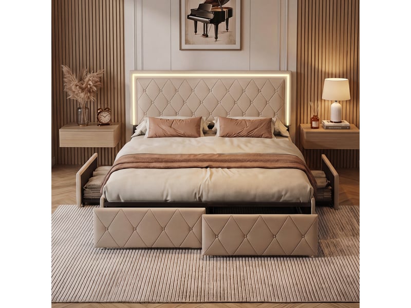  Lit adulte 140 x 200 avec sommier - 4 tiroirs de rangement - éclairage led d'ambiance - pu - beige  - Conforama D