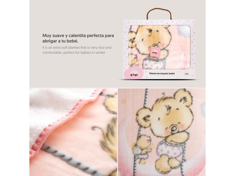  Couverture bébé interbaby 110 x 140 cm maille raschel - rose, motif osito nube 00983-02 - Conforama B