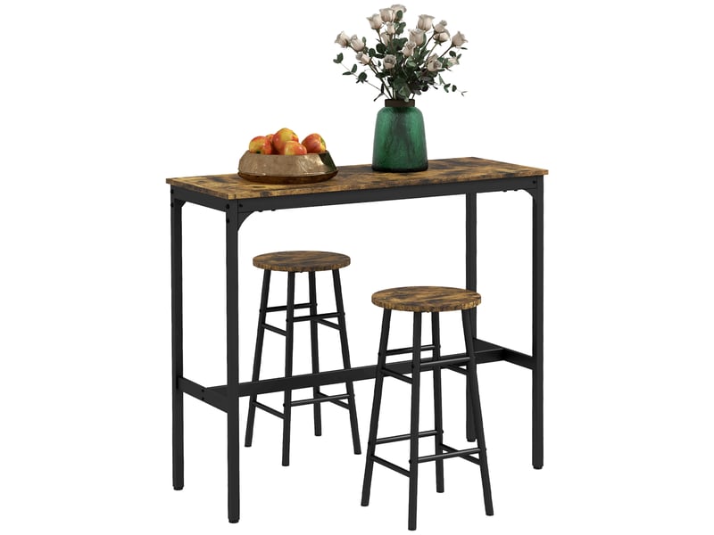  Ensemble table haute et 2 tabourets de bar avec repose-pieds, style industriel, noir et marron  - Conforama A
