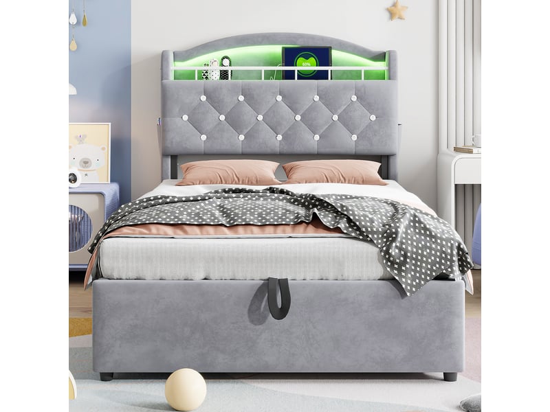  Lit enfant rembourré 90 x 200 cm en velours avec rangement relevable, led, ports usb et usb-c, sommier métallique, sans matelas, gris  - Conforama E