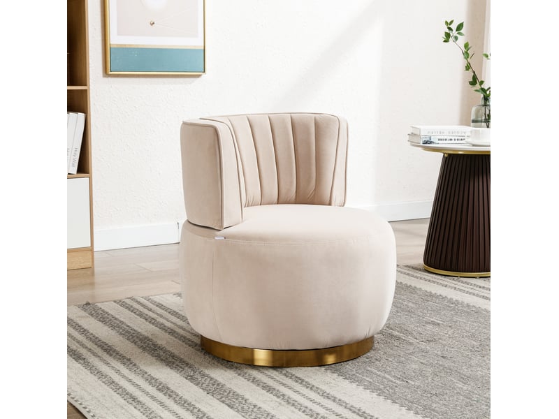  Fauteuil 62,5x62x69,5 cm, pivotant à 360°, assise moelleuse en velours et structure en métal, couleur beige et doré  - Conforama D
