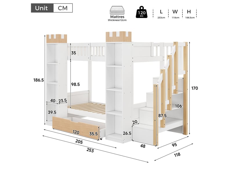  Lit superposé pour enfant en bois, 90 x 200 cm, avec tiroir, barrière de sécurité et escalier de rangement, blanc et bois naturel  - Conforama C