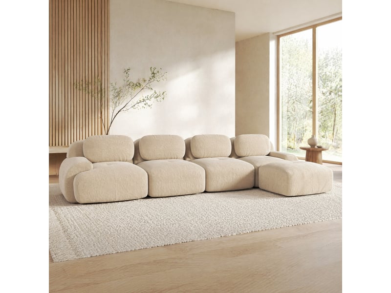 Canapé d’angle modulable 4 places avec méridienne en velours côtelé beige - Conforama D
