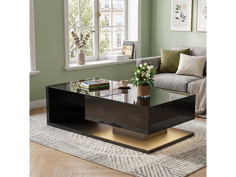  Table basse noire brillante en verre et led, rangement intégré  - Conforama B