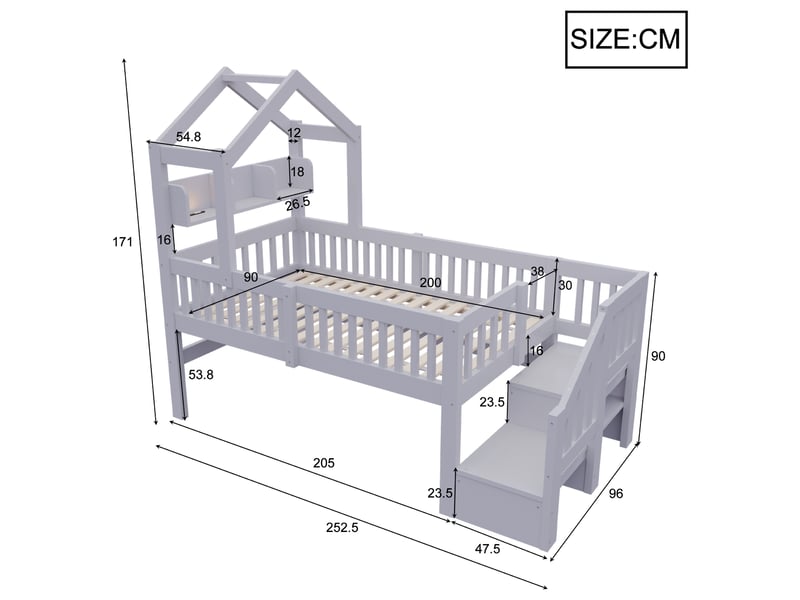 Lit mezzanine enfant 90x200 cm, toit, rangements, garde-corps, led, usb, pin, contreplaqué et mdf, gris sans matelas - Conforama C