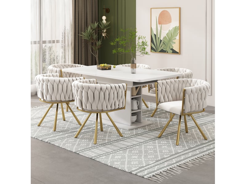 Lot de 6 chaises de salle à manger en velours beige et doré pivotantes à 360° - Conforama C